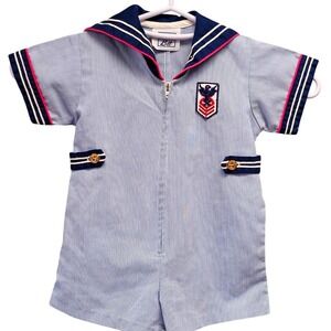 Vintage Blue Striped Sailor Romper Little Bit Nautical One Piece Kids 1980s